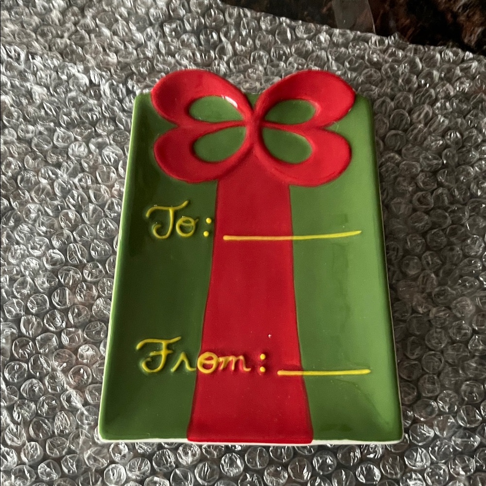 Holiday Festive Ceramic Green and Red Gift Tag SpoonRest